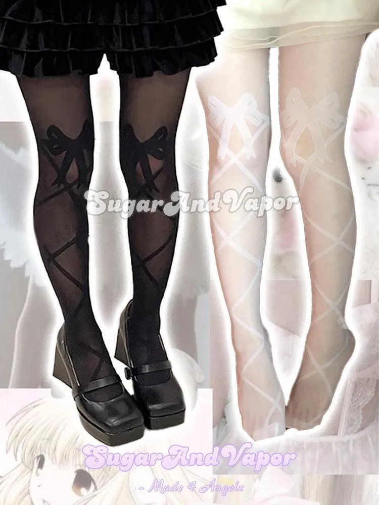 Tanith Girly Lace-up Bow Pattern Sheer Tights