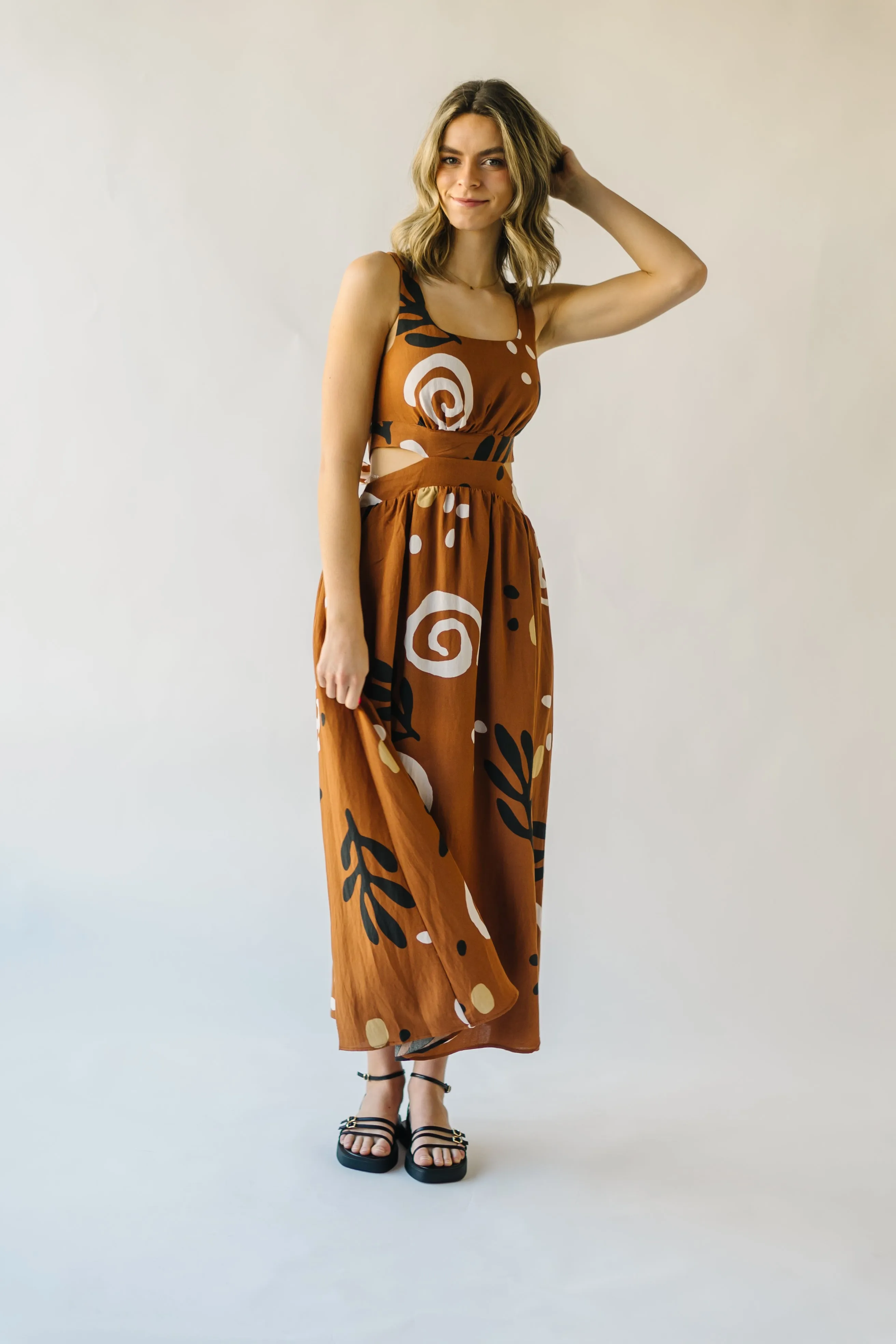 The Nunez Patterned Cutout Midi Dress in Camel