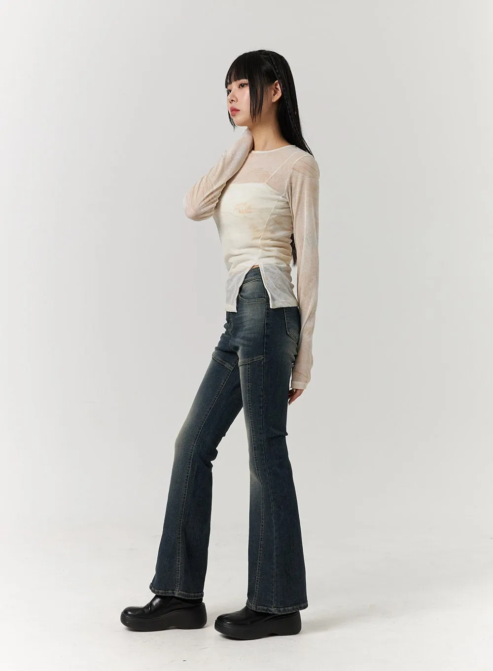 Unbalanced Slit Sheer Long Sleeve Tee CJ405